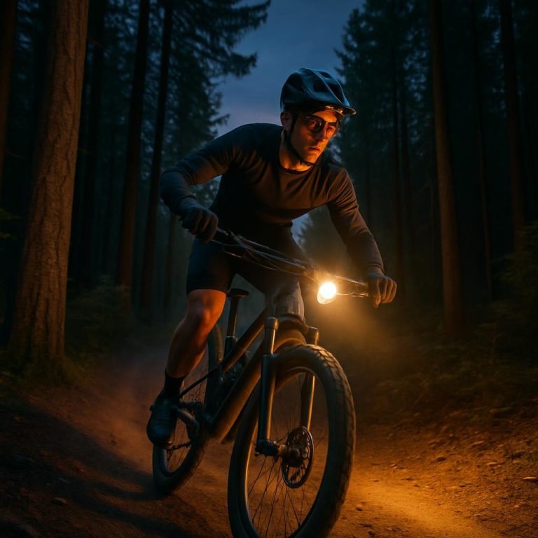 A professional photo of a mountain biker riding on a wooded trail at dusk, with the bike's headlight on.