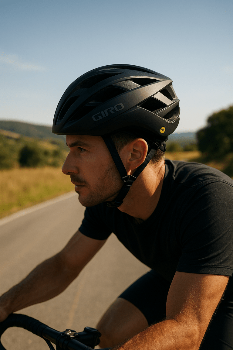A cyclist wearing a Giro Syntax MIPS road helmet, positioned on a bike with a scenic, blurry background, emphasizing the helmet's design and style.
