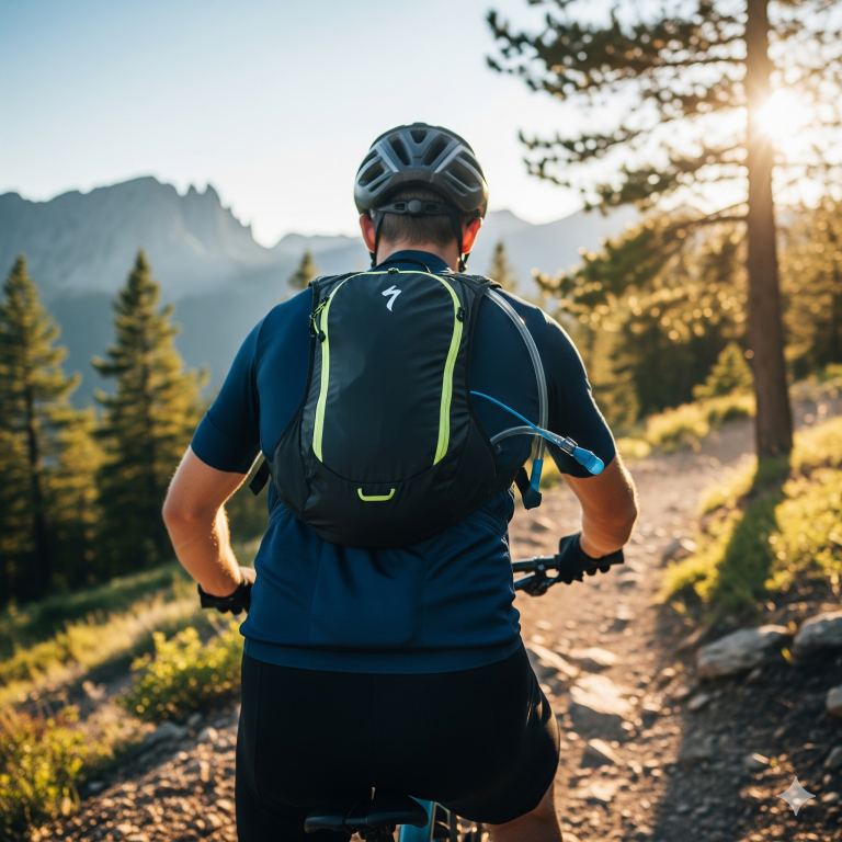 A cyclist wearing a black hydration pack with neon green accents, riding a mountain bike on a sunny trail with mountains and trees in the background, viewed from behind.