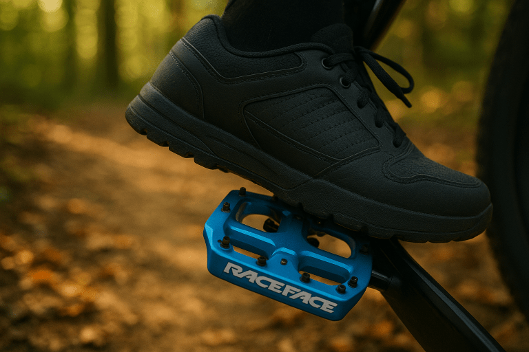 A rider's shoe gripping a blue Race Face Chester Pedal on a mountain bike, highlighted against a blurred forest trail background.