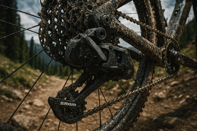 A close-up shot of the SRAM GX Eagle Rear Derailleur on a dirty mountain bike, highlighting its durability and performance on rugged trails.