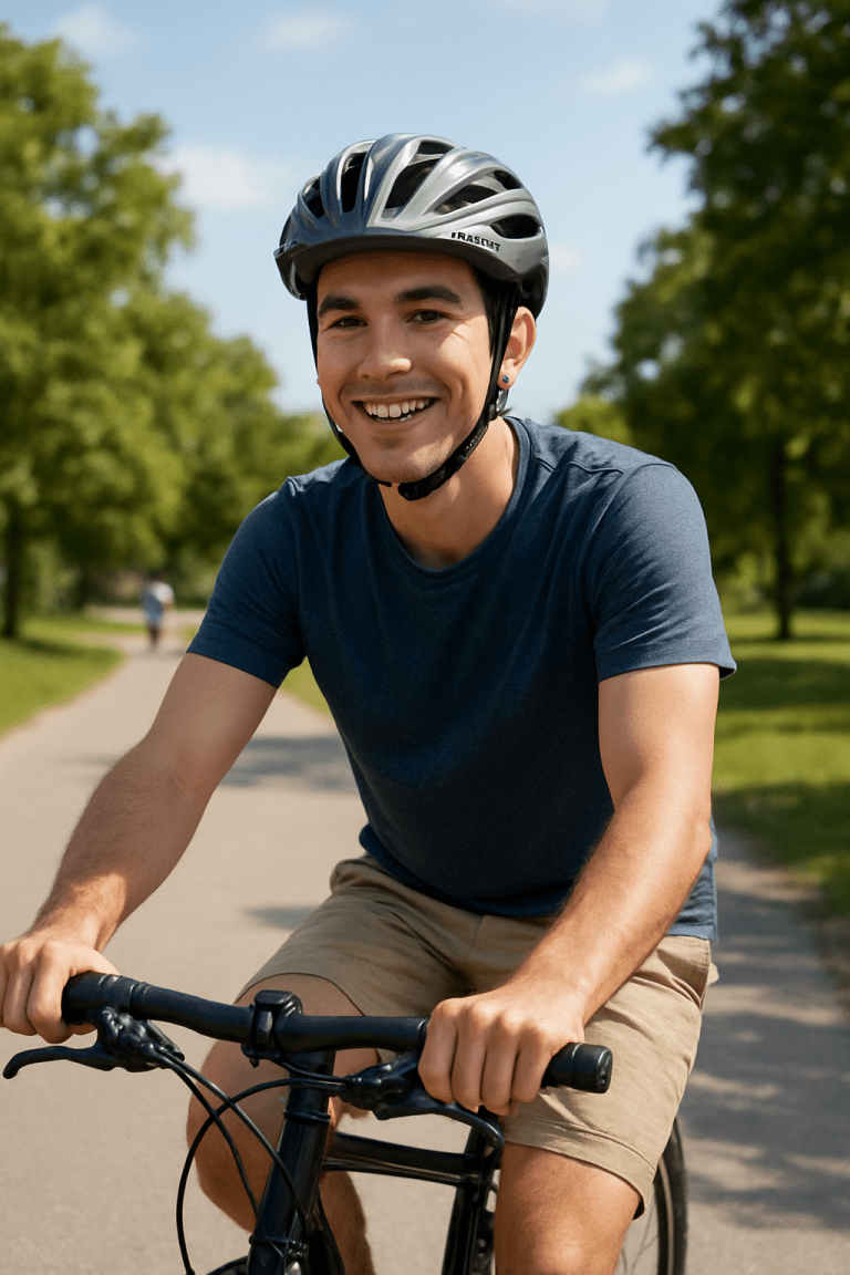 A cyclist wearing a black Schwinn Thrasher helmet on a sunny bike path, highlighting the helmet's fit and casual style.