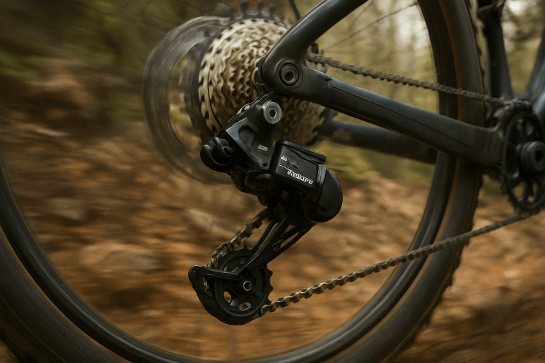 A dynamic shot of the Shimano Deore M6100 rear derailleur in use on a mountain bike, with a blurred background suggesting fast movement on a trail.