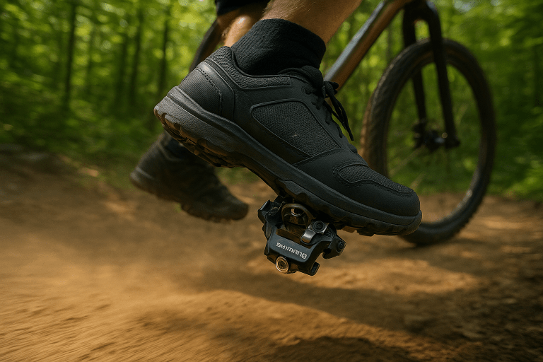 A cyclist's foot clipped into a Shimano PD-M520 Clipless SPD pedal on a mountain bike, riding on a dusty trail.