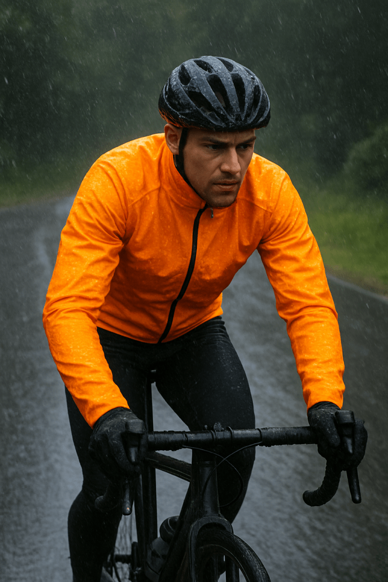 A cyclist in a vibrant yellow waterproof jacket riding through heavy rain on a wet road, with water droplets visible on their jacket and helmet.